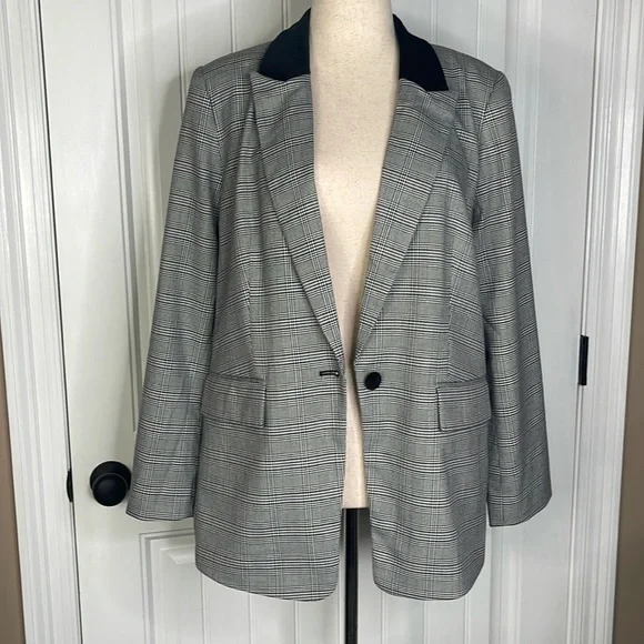 Tall Plaid Velvet Collar Long Modern Blazer Sz 14 - Picture 6 of 13